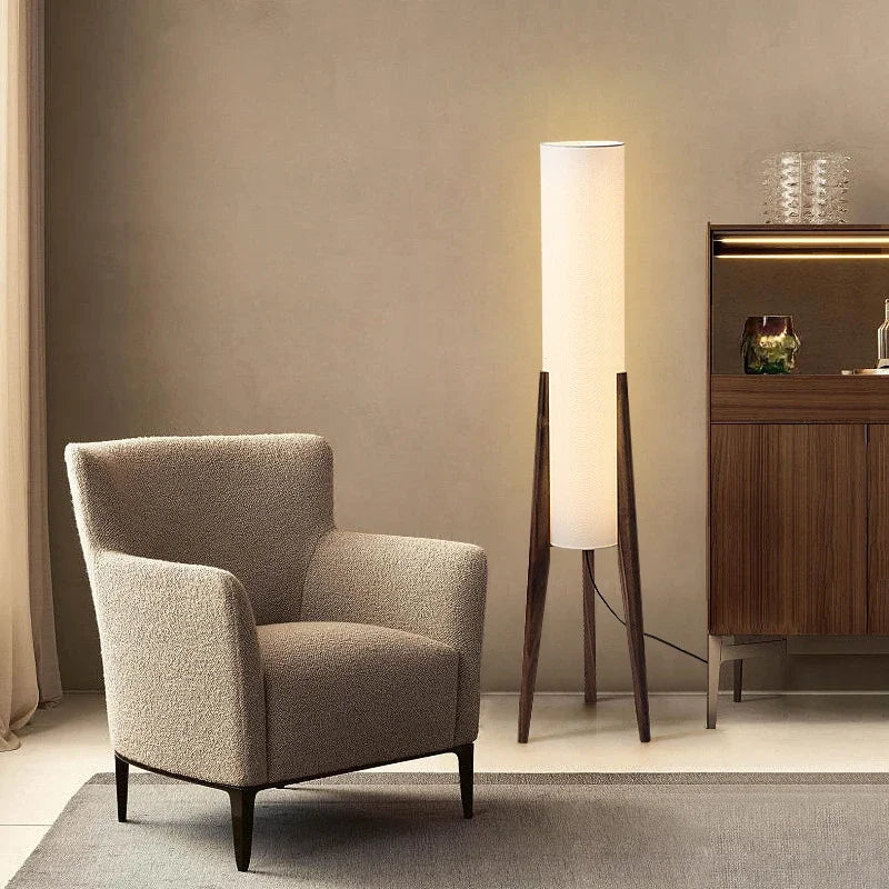 Lampadaire scandinave tripode bois & tissu Maison de la Lumière