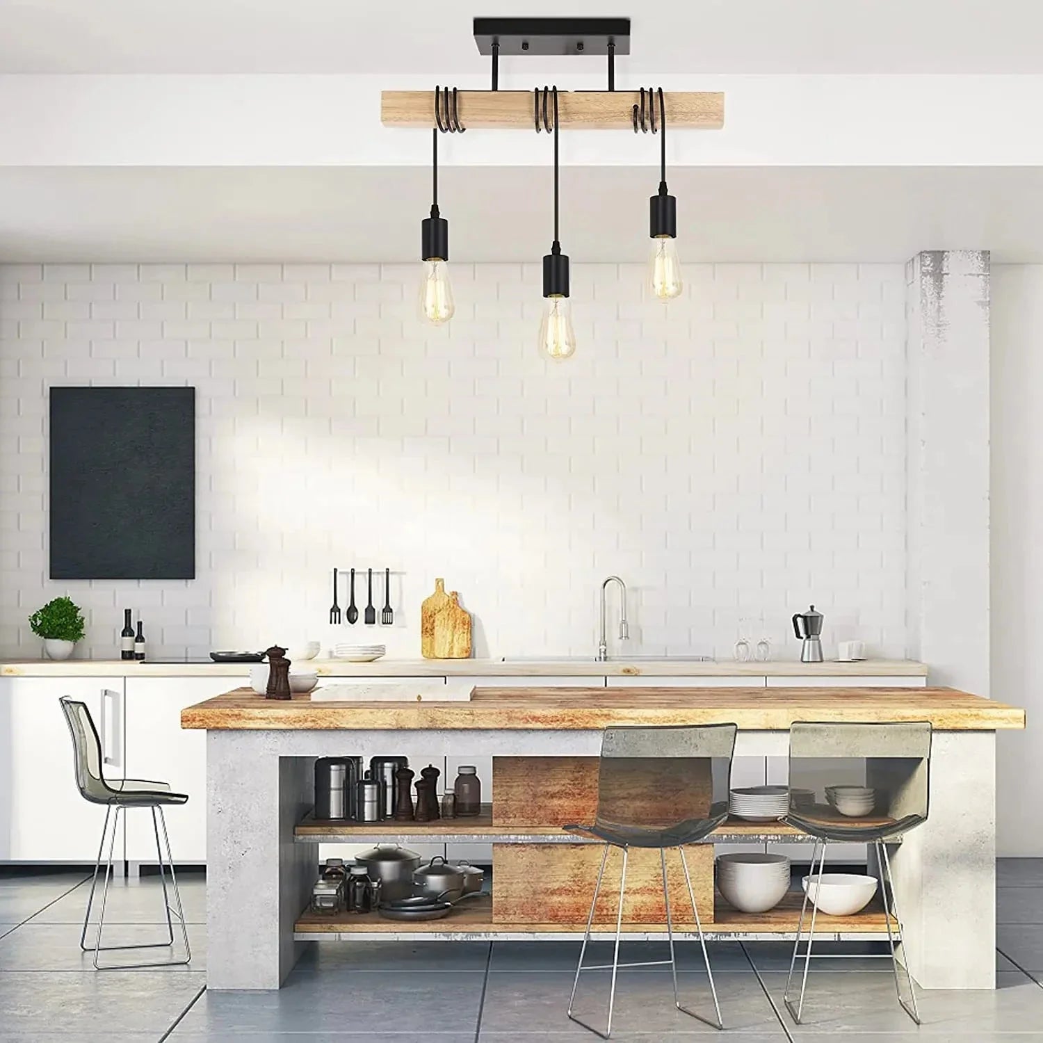 Plafonnier moderne industriel noir et bois 3 douilles Mon Luminaire™