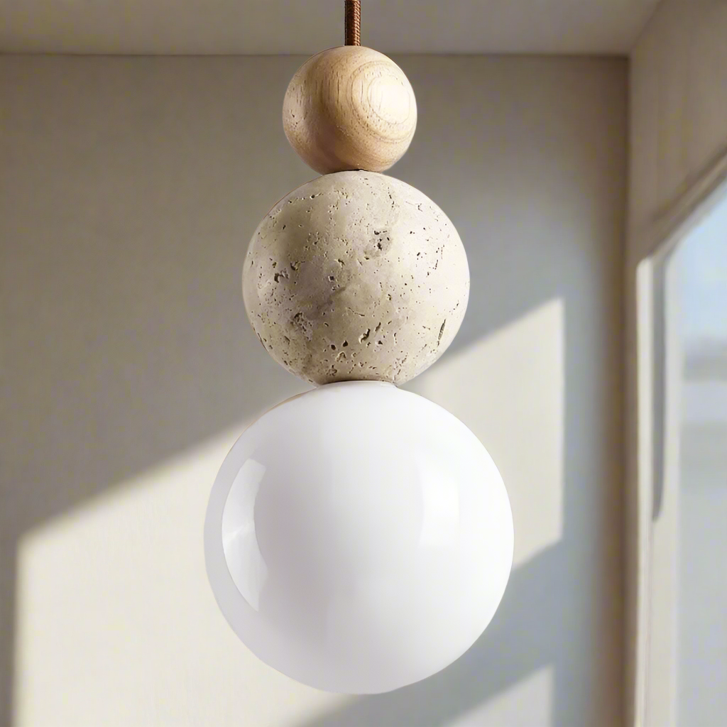 Suspension luminaire style pierre bois clair moderne boules Mon Luminaire™