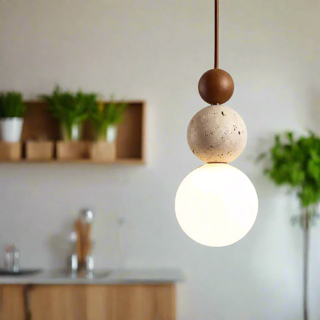 Suspension luminaire style pierre bois foncé moderne boules Mon Luminaire™